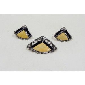 Avon Art Deco Faux Marcasite Pearlized Cream Black Enamel Fan Earrings Pin